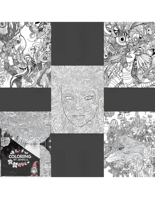 Intricate black and white line art collage.