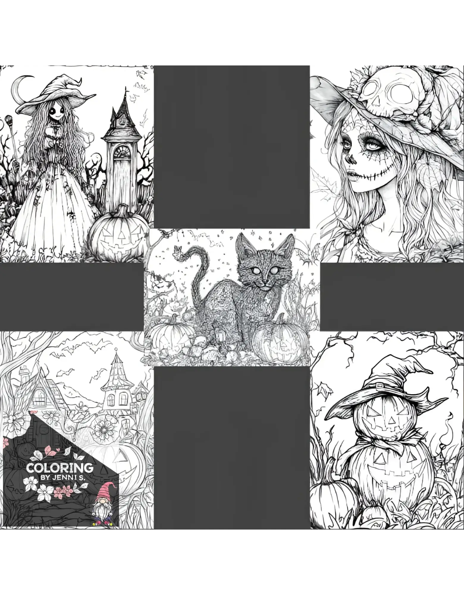 Black and white halloween themed coloring book pages featuring a witch, cat, haunted house, pumpkin, skull, and jack-o’-lantern.