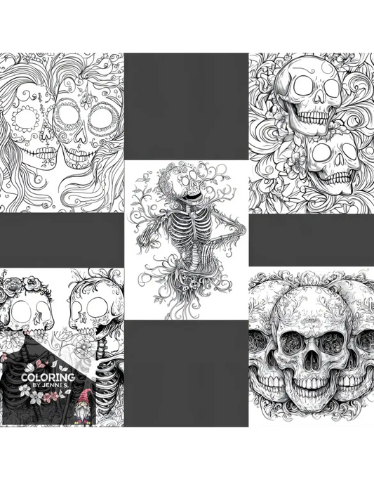 A collection of intricate skull and skeleton illustrations, perfect for coloring.