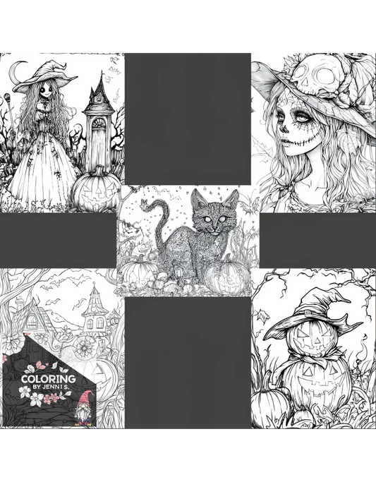Black and white halloween themed coloring book pages featuring a witch, cat, haunted house, pumpkin, skull, and jack-o’-lantern.