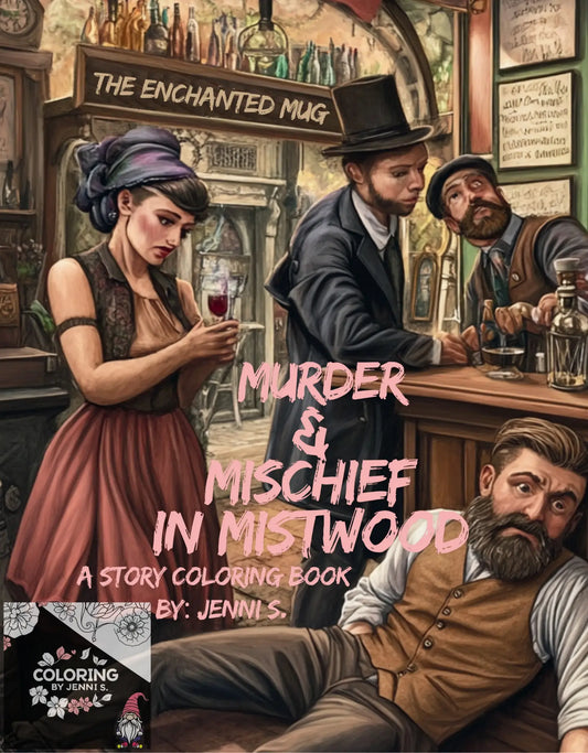 Coloring book cover with a vintage pub scene.