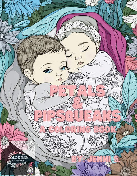 Coloring book cover with babies and flowers.