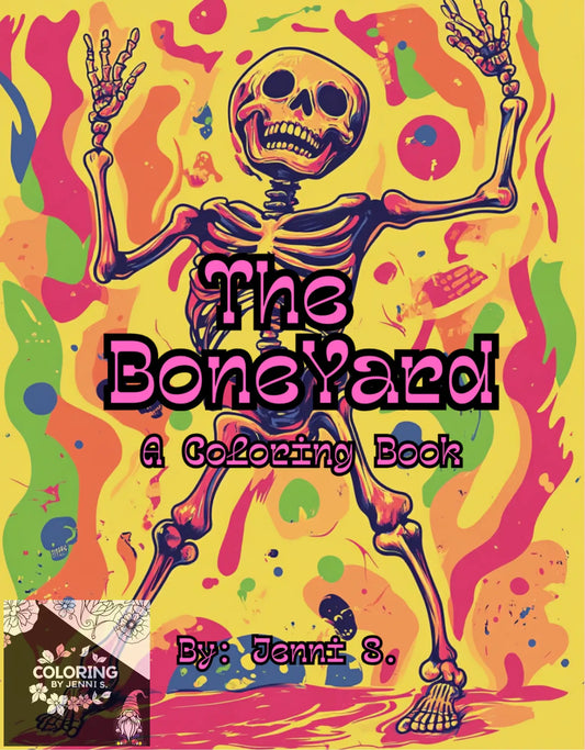 A colorful coloring book featuring a skeleton.